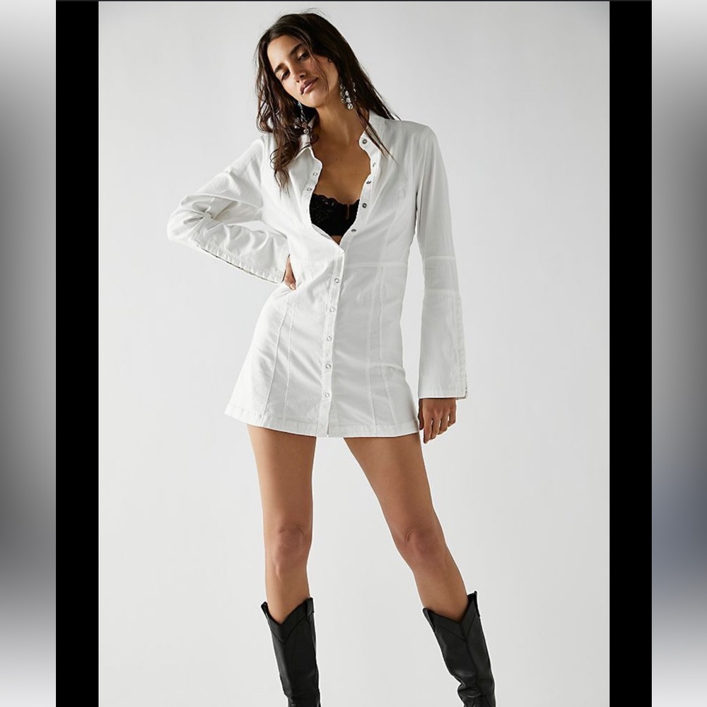 FREE PEOPLE white button down front side bottom slits dress rayon large - Picture 2 of 10